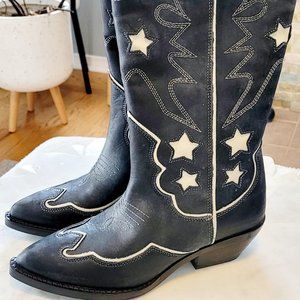NWT ZARA leather black and cream cowboy boots